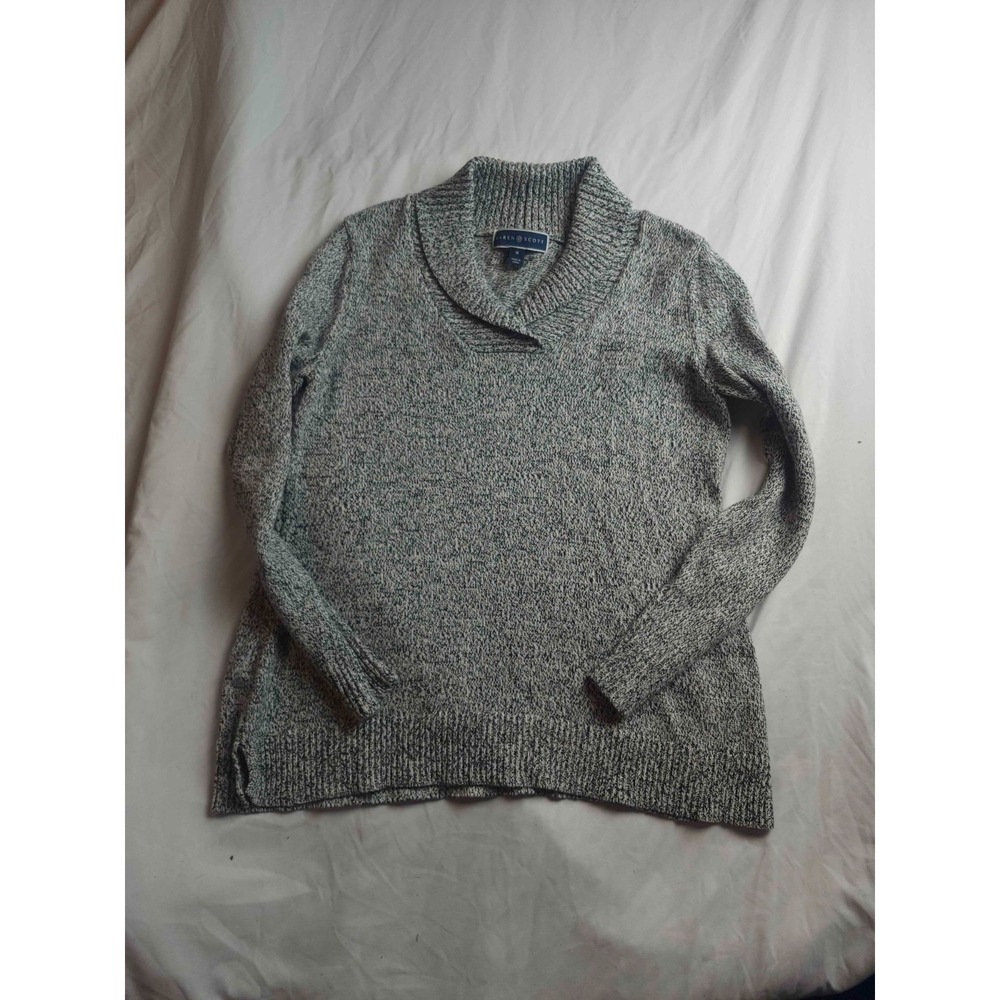 Karen Scott Sweater Womens Medium Gray Knit Shawl Collar Pullover Long‎ Sleeves